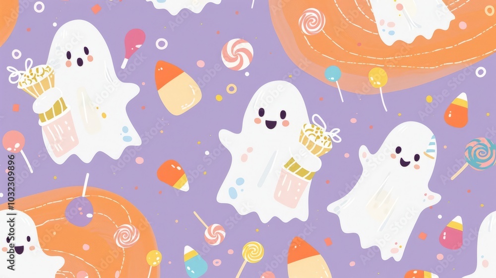 Cute ghosts trick-or-treating with candy and lollipops on a colorful Halloween-themed background Cute ghosts trick-or-treating with candy and lollipops on a colorful Halloween-themed background