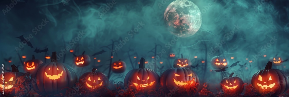 Glowing jack-o'-lanterns in a misty field under a bright full moon with bats flying in the dark sky
