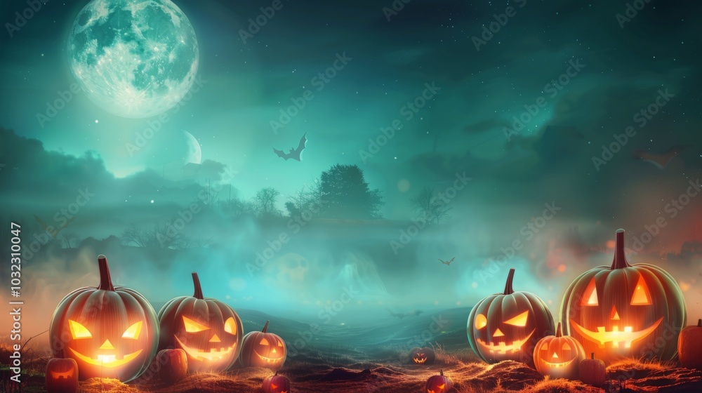Fototapeta premium Glowing jack-o'-lanterns in a misty field under a bright full moon with bats flying in the dark sky