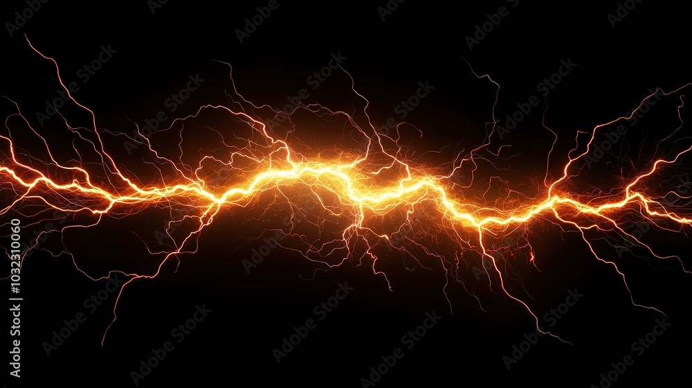 Bolt of lightning strikes a black background. The image is dark and ominous, with the bright orange of the lightning creating a stark contrast against the black background Bolt of lightning strikes a black background. The image is dark and ominous, with the bright orange of the lightning creating a stark contrast against the black background