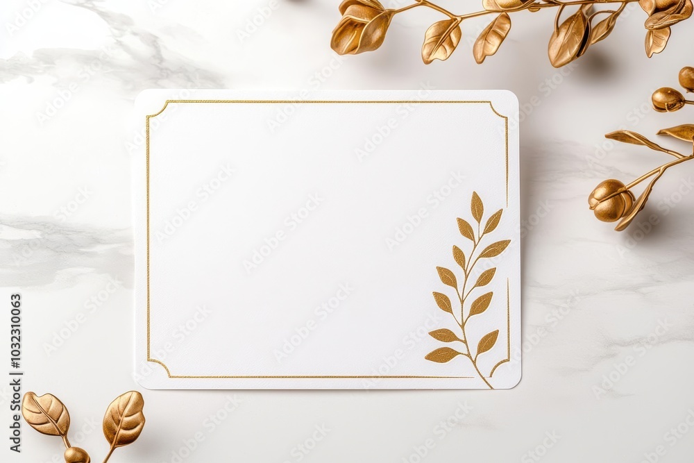 Elegant blank card design with gold accents and green leaves on a ...