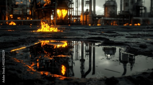 Flaming gasoline puddle in an industrial setting, with intricate fire patterns and reflections.