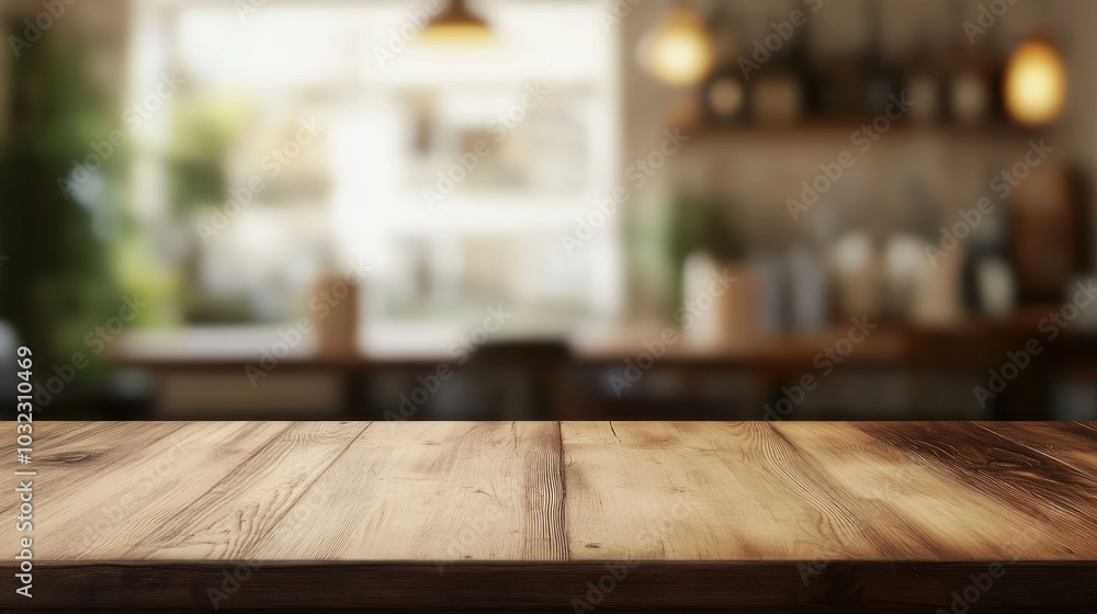 Wooden Tabletop in Blurred Cafe Setting Wooden Tabletop in Blurred Cafe Setting