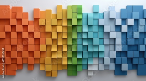 Colorful wall made of blocks with a rainbow pattern. The blocks are of different colors and sizes, creating a vibrant and lively atmosphere. The wall is made of paper blocks, giving it a unique photo