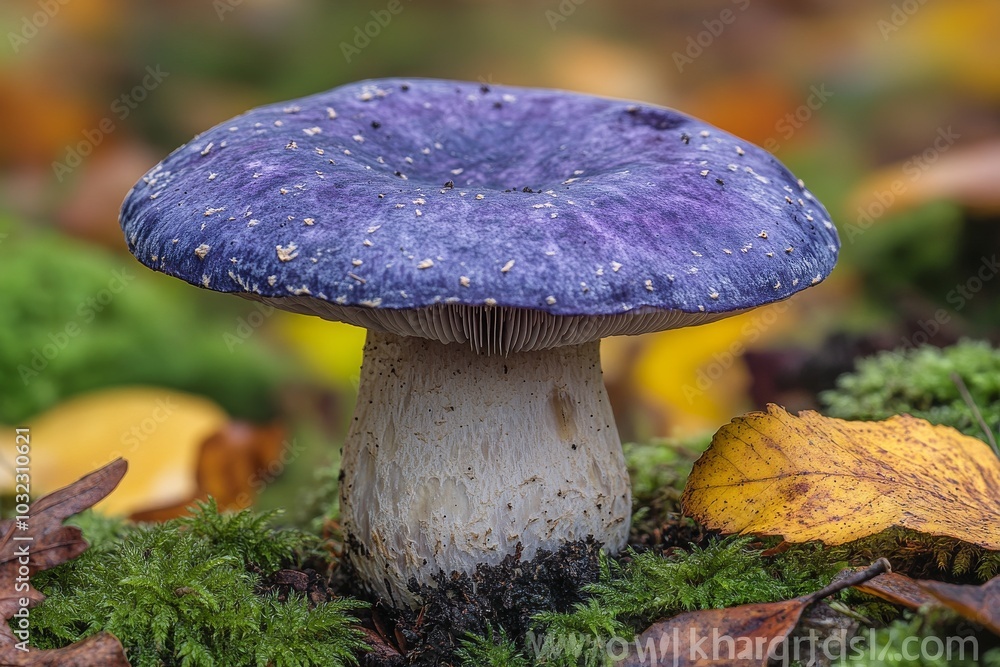 It's probably a Gassy webcap Cortinarius traganus poisonous mushroom in the forest photograph taken from a distance with a selective focus It's probably a Gassy webcap Cortinarius traganus poisonous mushroom in the forest photograph taken from a distance with a selective focus