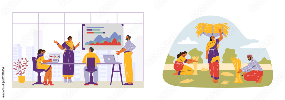 Fototapeta premium Set of illustrations depicting Indian women working on a farm and in an office.