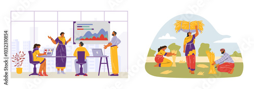 Set of illustrations depicting Indian women working on a farm and in an office.