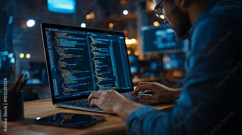 Software developer, coder immersed in coding, working on laptop. Innovation driving forward development of modern digital solutions.
