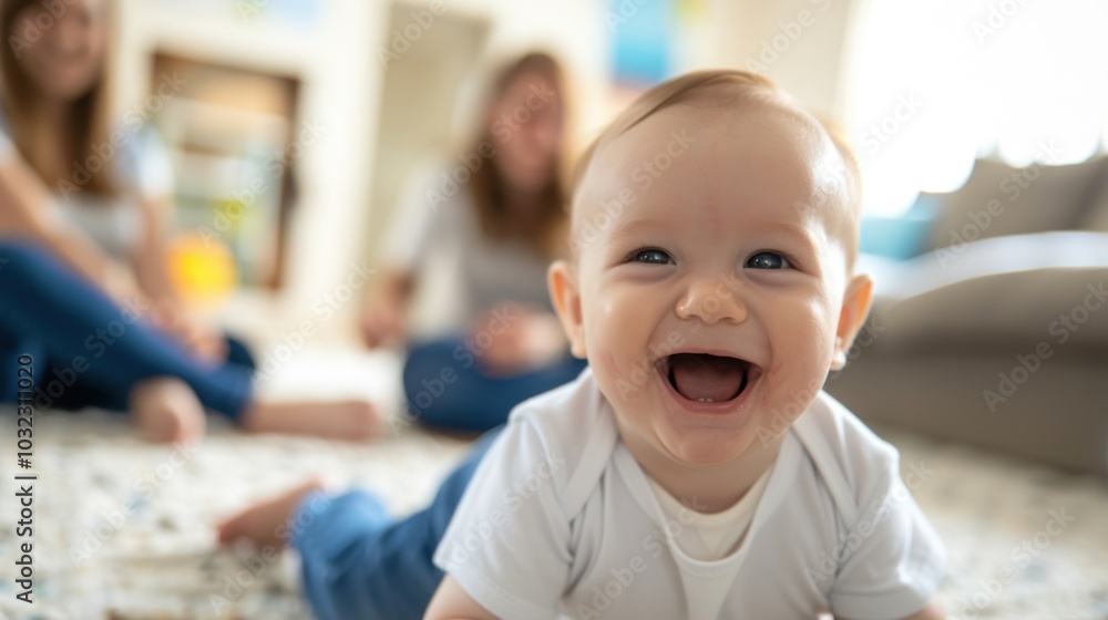 Joyful baby crawling on floor with smiling family in bright living room. Joyful baby crawling on floor with smiling family in bright living room.