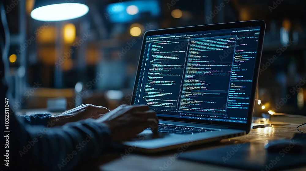 Software developer, coder immersed in coding, working on laptop. Innovation driving forward development of modern digital solutions. Software developer, coder immersed in coding, working on laptop. Innovation driving forward development of modern digital solutions.