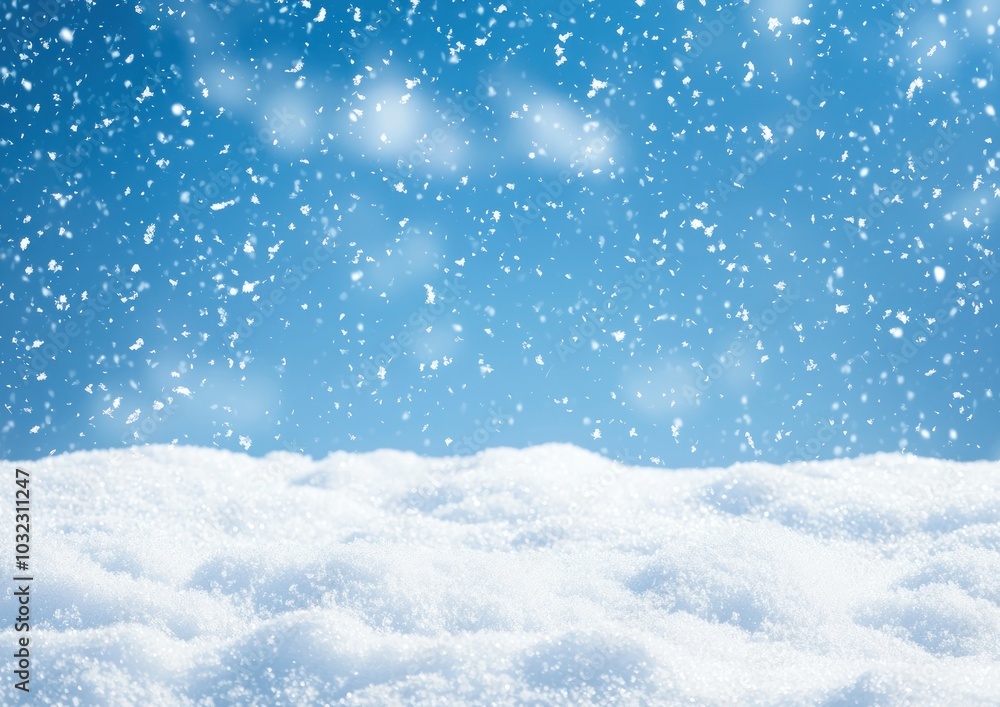 Close-up of snow-covered ground with falling snowflakes and a blue sky background Generative AI Close-up of snow-covered ground with falling snowflakes and a blue sky background Generative AI