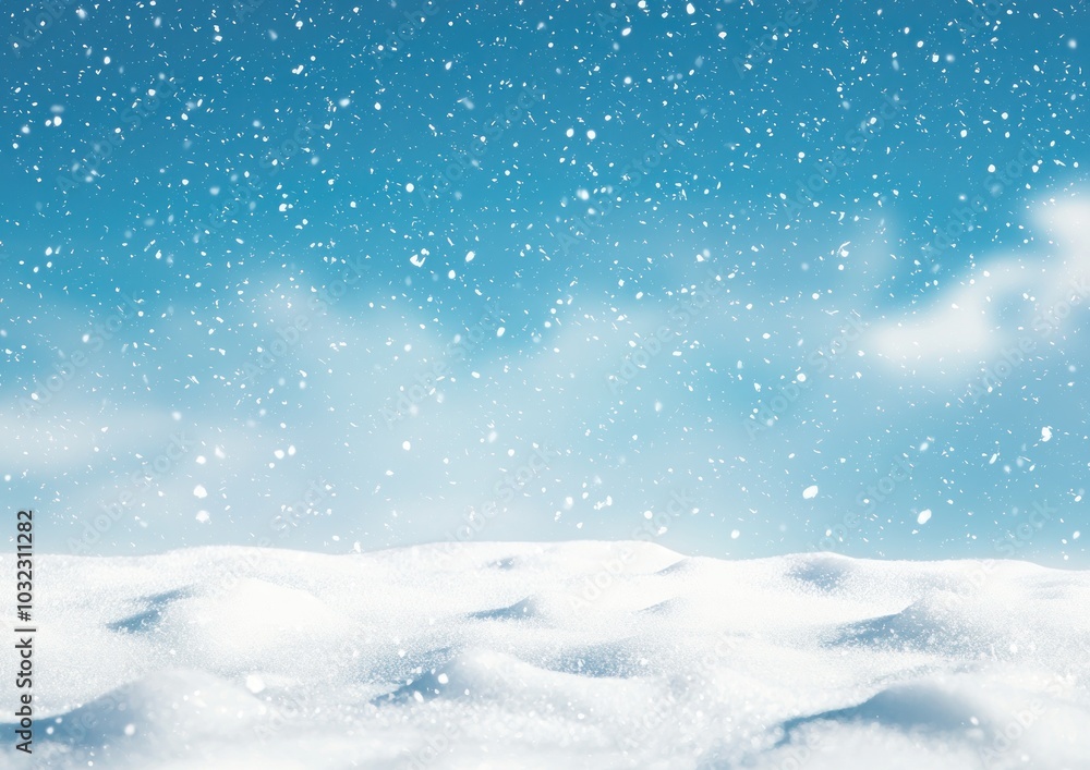 Close-up of snow-covered ground with falling snowflakes and a blue sky background Generative AI Close-up of snow-covered ground with falling snowflakes and a blue sky background Generative AI
