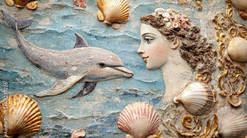Mosaic of Venus with seashells and dolphins in Roman villa soft pastel tilework