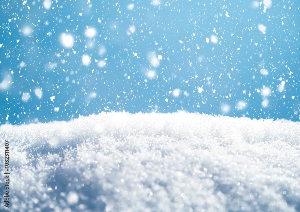 Naklejka premium Close-up of snow-covered ground with falling snowflakes and a blue sky background Generative AI