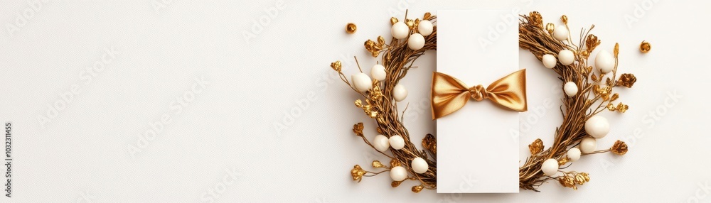 Elegant gift box adorned with a golden bow, surrounded by a decorative floral wreath on a white background. Elegant gift box adorned with a golden bow, surrounded by a decorative floral wreath on a white background.