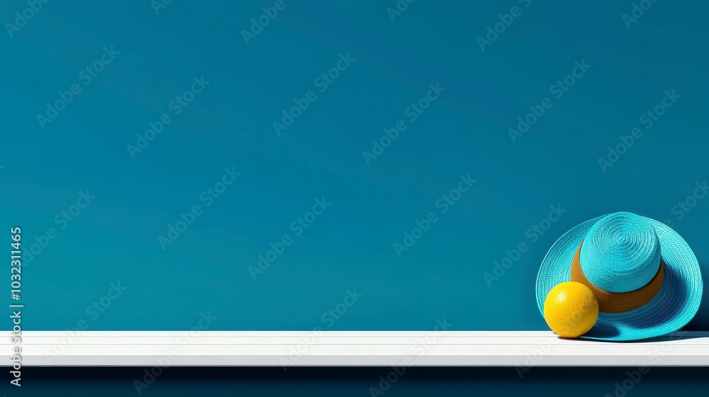 A blue hat and yellow ball resting on a white shelf against a blue background. A blue hat and yellow ball resting on a white shelf against a blue background.