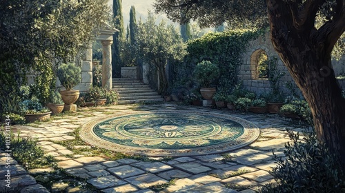 Floral mosaic in Roman garden with vibrant blues greens and golds under olive trees photo