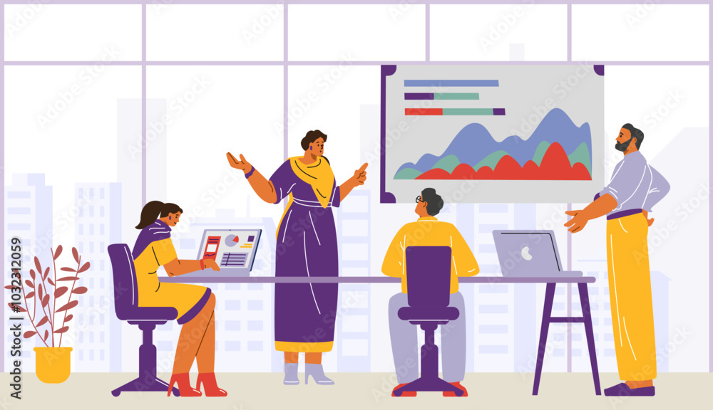 Vector illustration of a meeting of a team of young Indian specialists in traditional clothes Vector illustration of a meeting of a team of young Indian specialists in traditional clothes