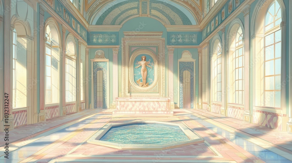 Obraz premium Roman bathhouse with mosaic of Venus emerging from sea seashells and dolphins nearby