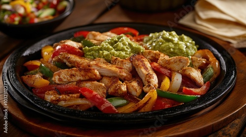 A sizzling platter of chicken fajitas with bell peppers, onions, and guacamole.