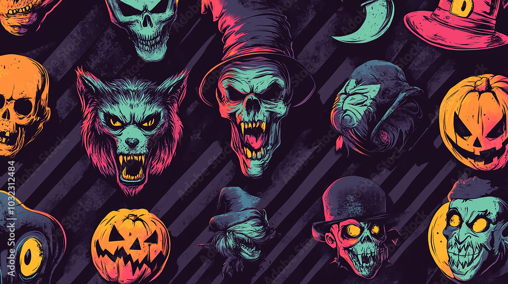 The graffiti spray pattern set includes halloween symbols, werewolf, dracula, Frankenstein, hat, striped vector illustration background. The graffiti spray pattern set includes halloween symbols, werewolf, dracula, Frankenstein, hat, striped vector illustration background.