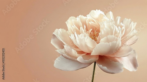 Delicate peach peony flower with soft leaves in a serene pastel background du...