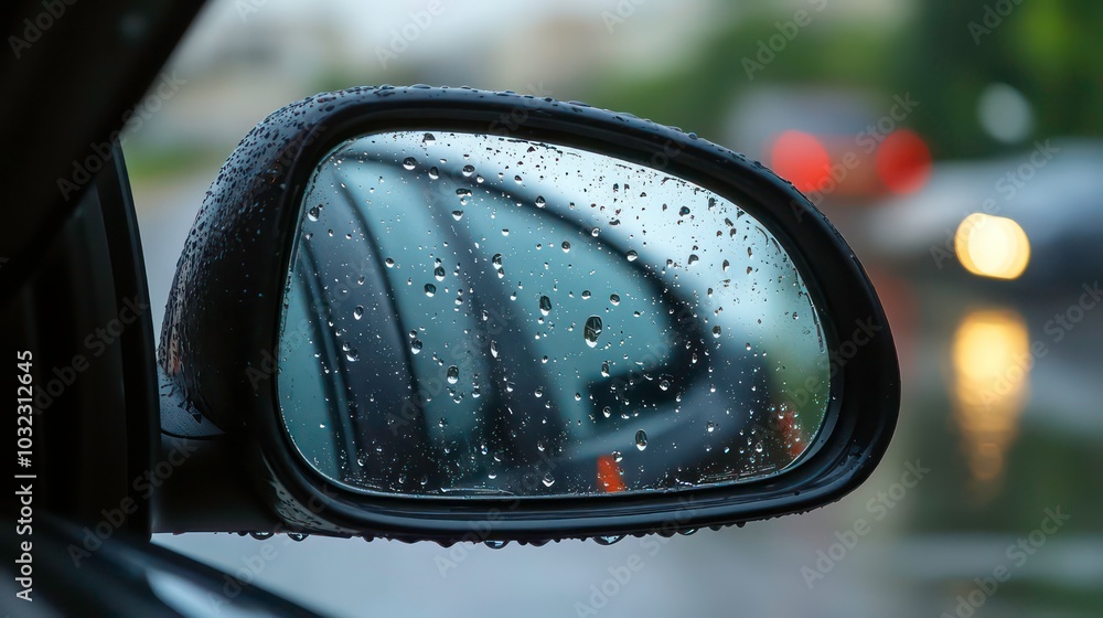 A close-up of a car's side mirror covered in raindrops. The reflection of another car and blurry city lights can be seen in the background. A close-up of a car's side mirror covered in raindrops. The reflection of another car and blurry city lights can be seen in the background.