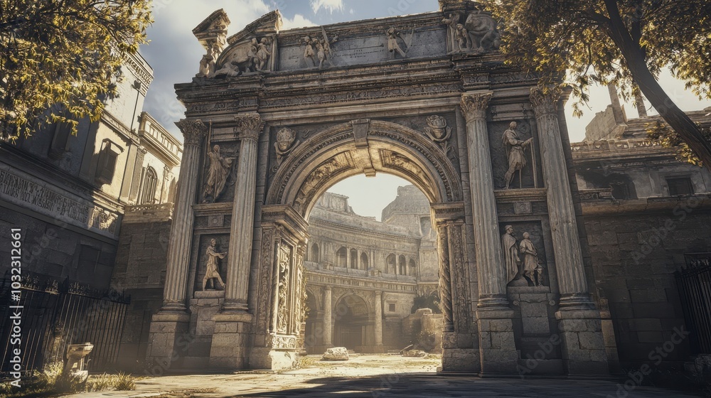 Obraz premium Roman triumphal arch with carvings of soldiers and battles soft afternoon light highlighting details