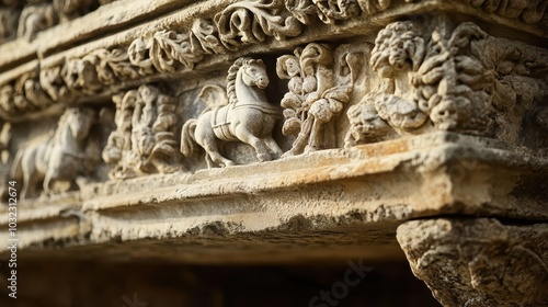 Chariots and horses carved into triumphal arch frieze sunlight highlighting ancient stone texture