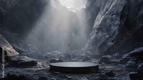 Mysterious circular platform in a shadowy cave illuminated by beams of light ...