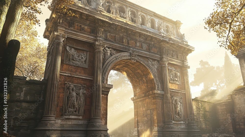 Obraz premium Reddish-brown triumphal arch with battle scenes etched sunlight creating sharp shadows