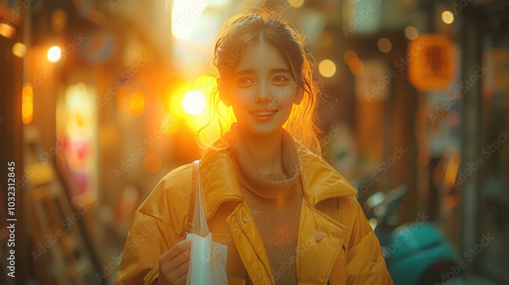 A joyful young woman with shopping bags, checking her phone while strolling through an upscale shopping district. A joyful young woman with shopping bags, checking her phone while strolling through an upscale shopping district.