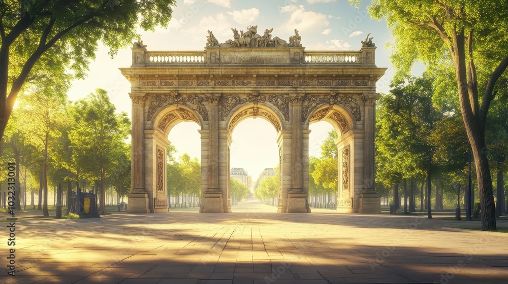 Wide triumphal arch with three archways reliefs of victory laurels bright sunlight casting shadows Wide triumphal arch with three archways reliefs of victory laurels bright sunlight casting shadows