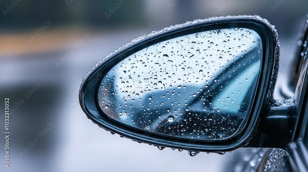 Close-up of a car side mirror covered in raindrops. Close-up of a car side mirror covered in raindrops.