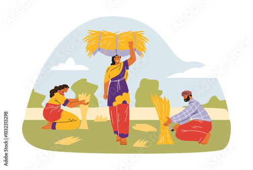 Vector illustration of young Indian women and a Hindu working outdoors, harvesting and carrying haystacks