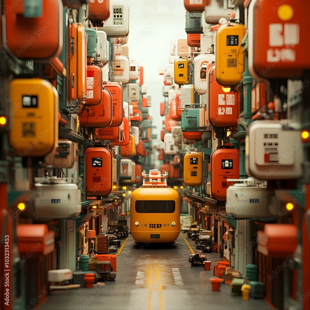 Fototapeta premium Colossal streamlined container vessels of the future equipped with intelligent automation systems and precision robotic arms for seamless cargo handling navigating through a bustling
