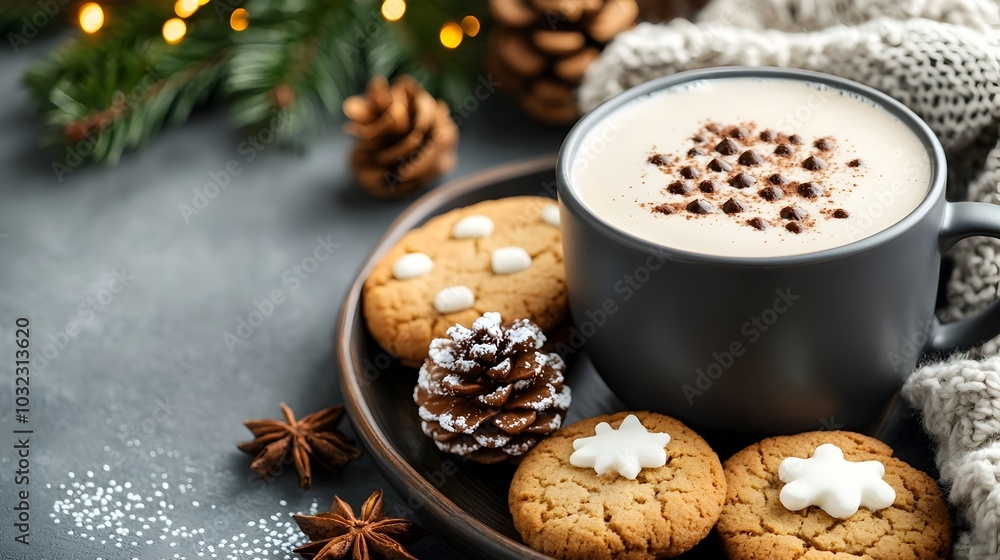 A comforting and cozy winter scene featuring a tray of steaming hot cocoa freshly baked cookies and a soft knit blanket set on a rustic wooden table creating a warm and inviting atmosphere A comforting and cozy winter scene featuring a tray of steaming hot cocoa freshly baked cookies and a soft knit blanket set on a rustic wooden table creating a warm and inviting atmosphere