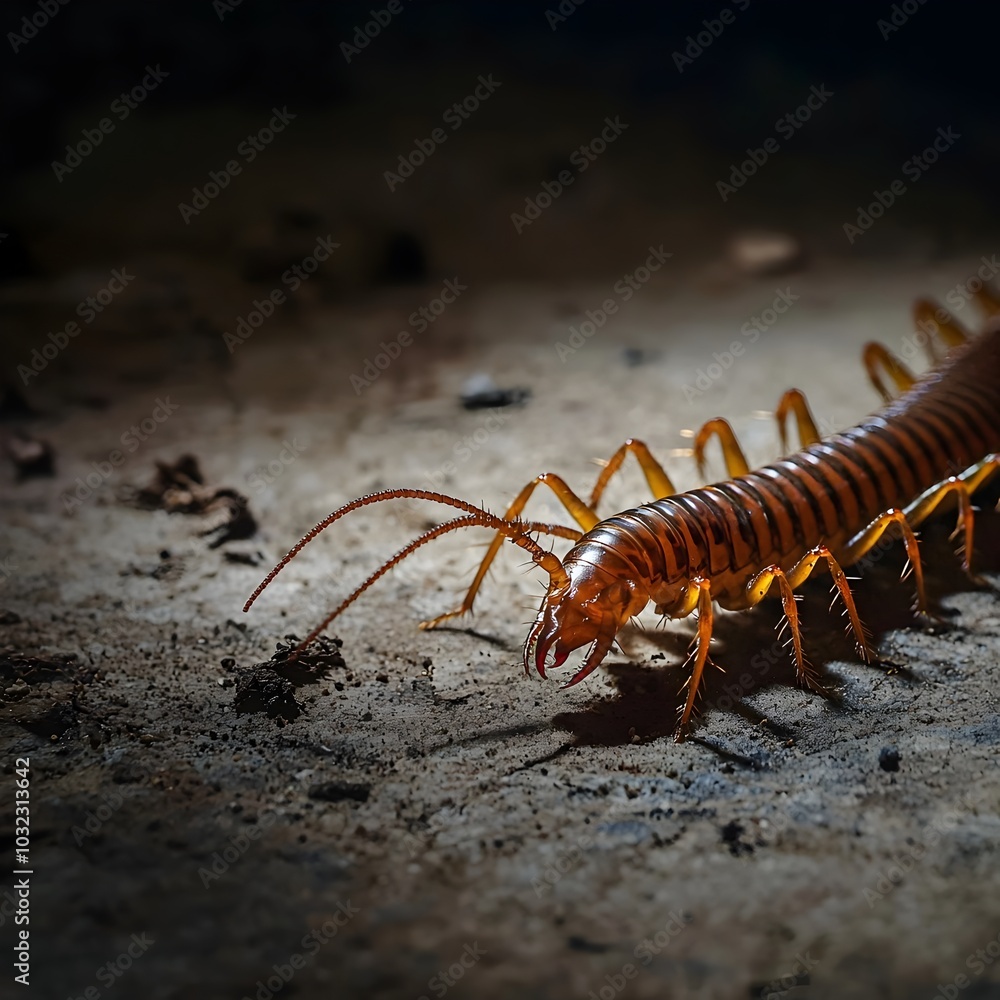 Fototapeta premium Centipede Crawling on Damp Basement Floor Legs Moving in Sync