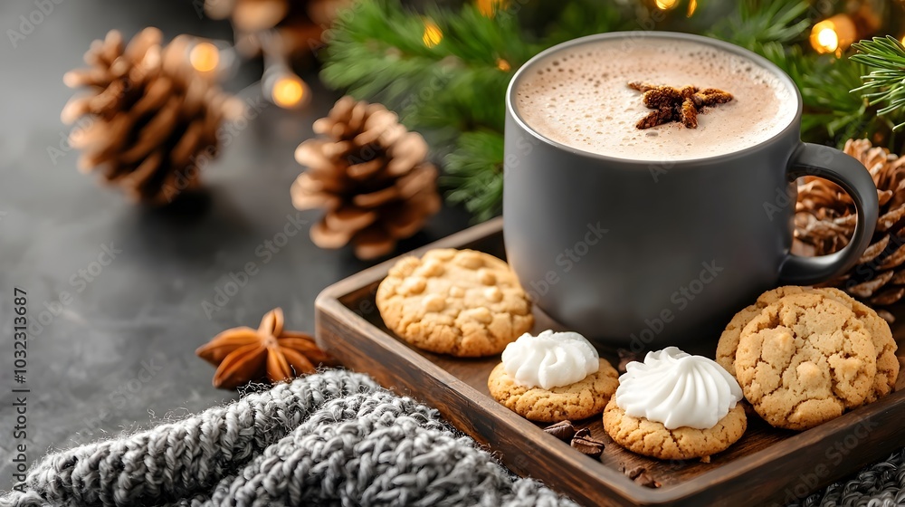 Comforting tray of steaming hot cocoa freshly baked cookies and a soft knit blanket set on a rustic wooden table creating a warm and inviting winter scene Comforting tray of steaming hot cocoa freshly baked cookies and a soft knit blanket set on a rustic wooden table creating a warm and inviting winter scene