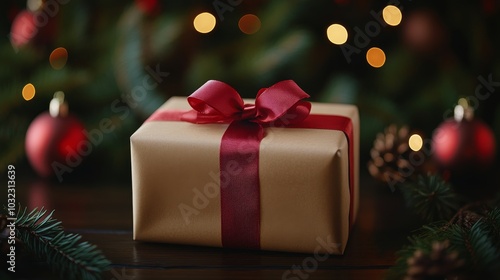 A gift with a red ribbon rests on a table amidst festive holiday decor