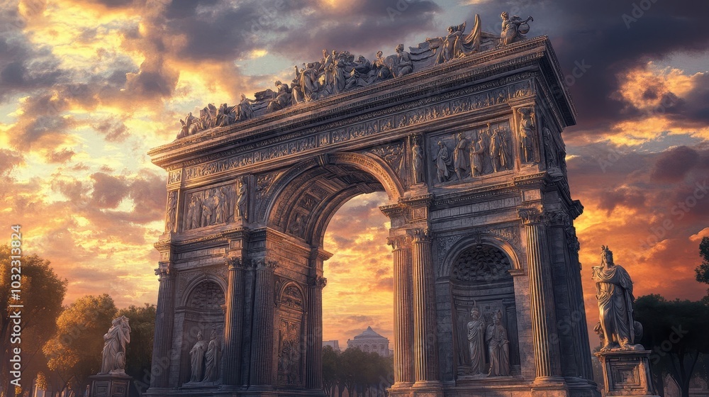 Obraz premium Granite arch with intricate floral carvings statues atop illuminated by soft afternoon light