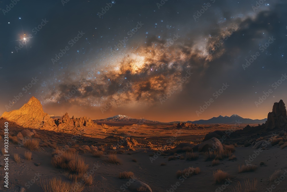 Obraz premium Using generative stock, a night sky with stars and the moon shines over a desert dune