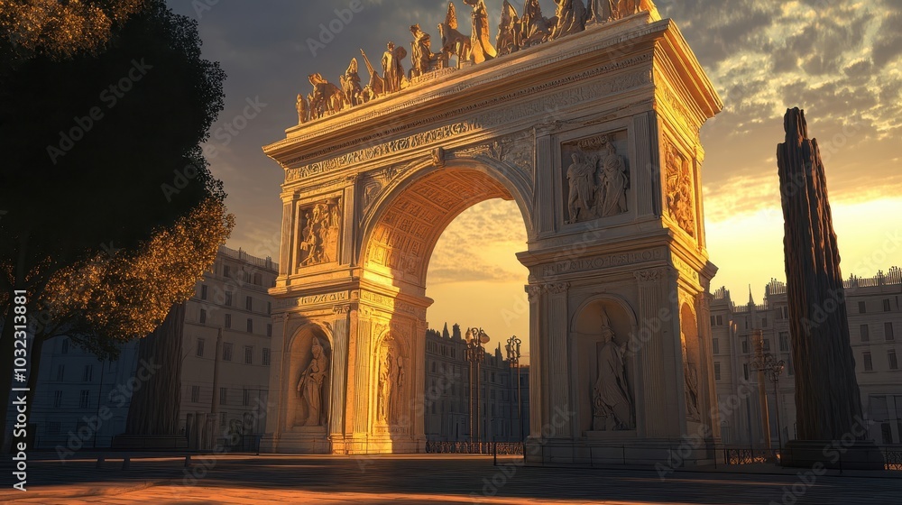 Obraz premium Limestone arch adorned with Roman gods soft glow of setting sun casting long shadows