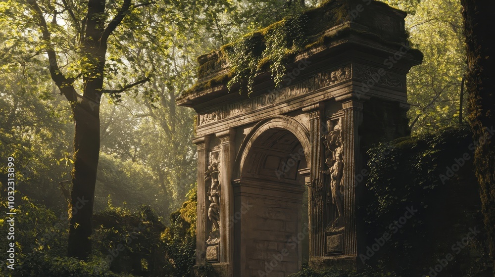 Fototapeta premium Overgrown triumphal arch with Roman battle scenes moss ivy and sunlight filtering through