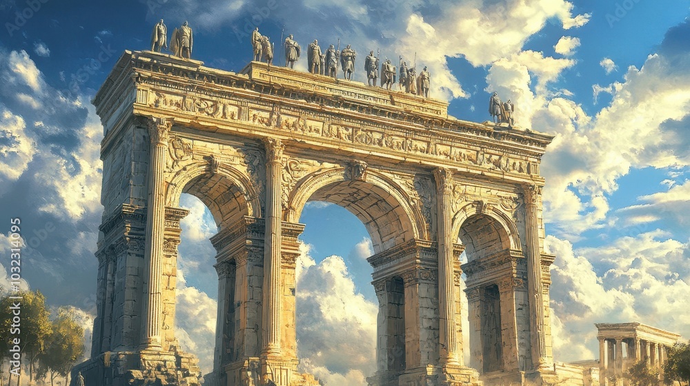 Fototapeta premium Massive pale sandstone arch with statues and columns soft sunlight creating long shadows