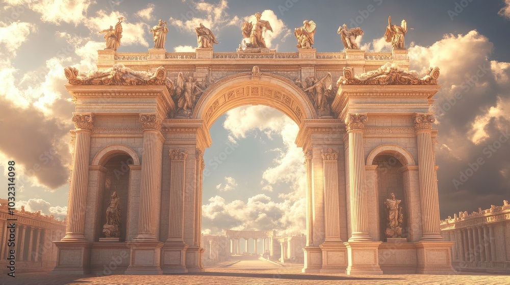 Obraz premium Grand sandstone arch with statues atop Corinthian columns sunlight casting long shadows