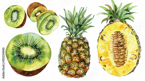 Colorful Watercolor Hand Drawn Illustration of Kiwi Fruit, Pineapple, and Melon