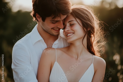 A couple, a man in a white shirt and a woman in a light dress, smiling at each other, the man holding the woman in a gentle embrace, bright sunlight softly illuminating their faces