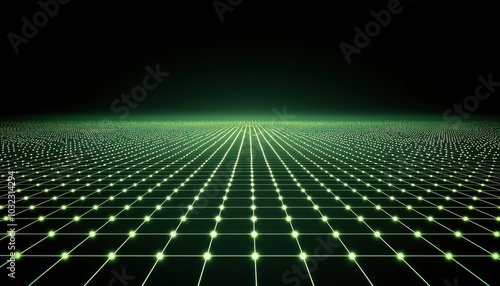 A digital grid landscape with glowing green lines and points, evoking a futuristic or virtual environment.