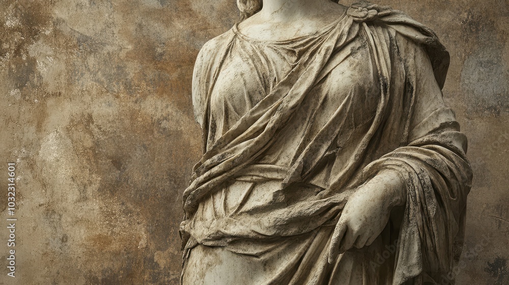Roman goddess carved in marble holding olive branch worn surface glowing in soft morning light Roman goddess carved in marble holding olive branch worn surface glowing in soft morning light